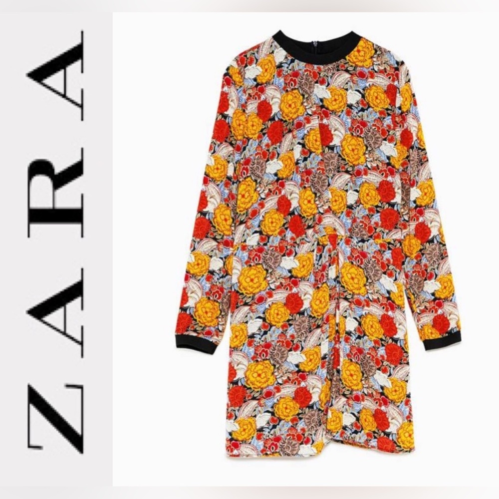 NWT - Zara Floral Mini Dress in Yellow, Red, Black - Sz Medium